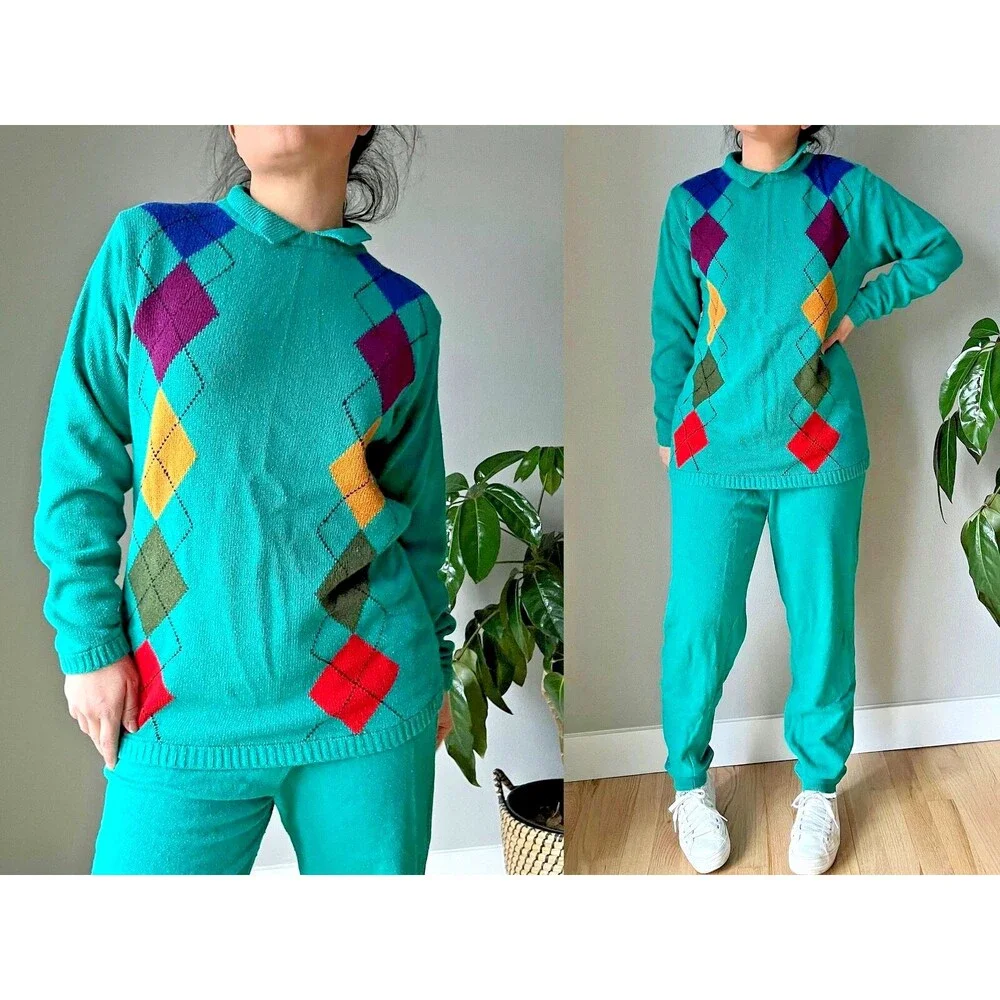 vtg 90s silk wool green knit sweater set‎ argyle print retro loungewear small